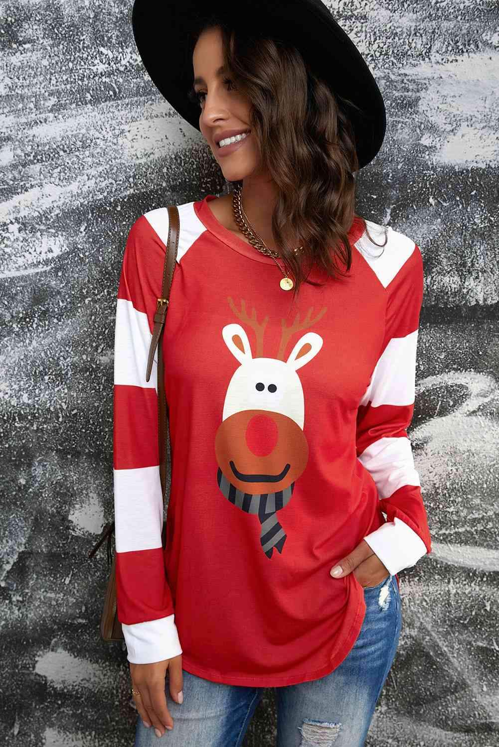 Reindeer Graphic Raglan Sleeve T-Shirt Red Orange Women's T-Shirts - Tophatter Daily Deals