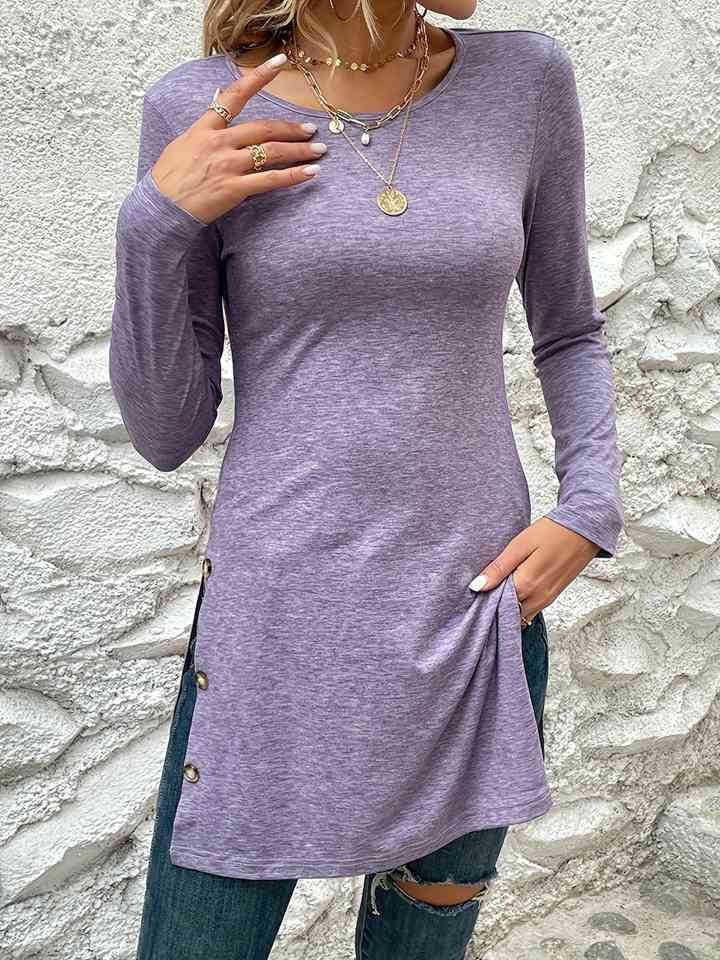 Decorative Button Slit T-Shirt Lavender Women's T-Shirts - Tophatter Daily Deals