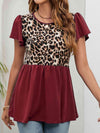 Leopard Round Neck Flutter Sleeve Babydoll Blouse Wine Blouses - Tophatter Daily Deals