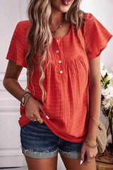 Quarter-Button Round Neck Short Sleeve Top Blouses - Tophatter Daily Deals