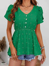 Swiss Dot Buttoned Petal Sleeve Peplum Blouse Mid Green Blouses - Tophatter Daily Deals