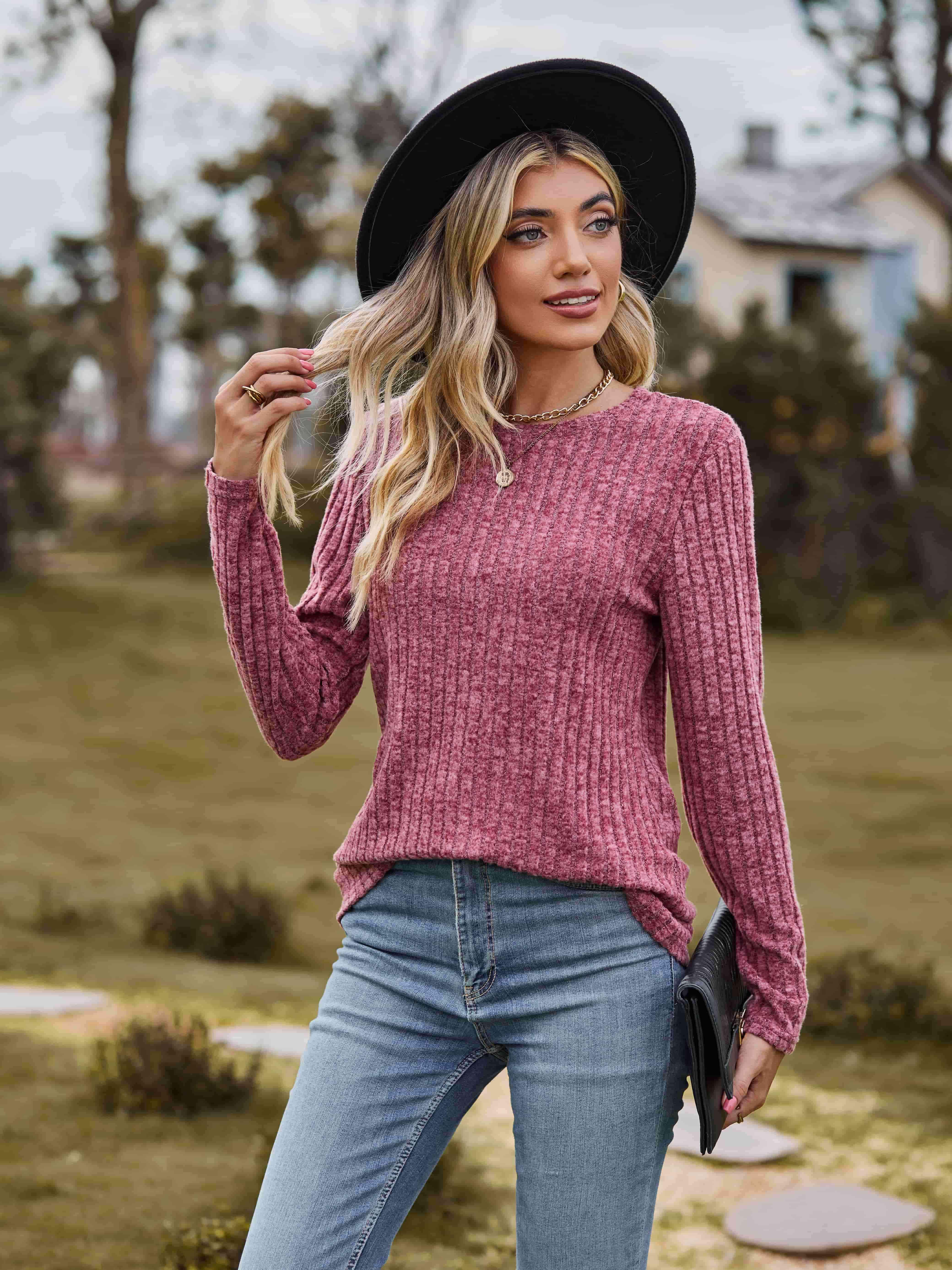 Ribbed Round Neck Long Sleeve Tee Women's T-Shirts - Tophatter Daily Deals