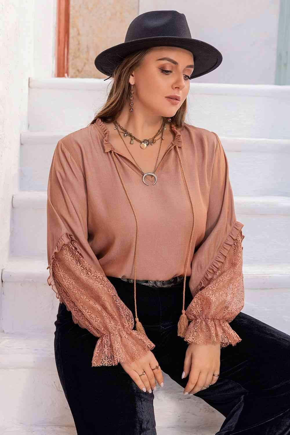 Plus Size Tie Neck Flounce Sleeve Blouse Light Mauve Blouses - Tophatter Daily Deals