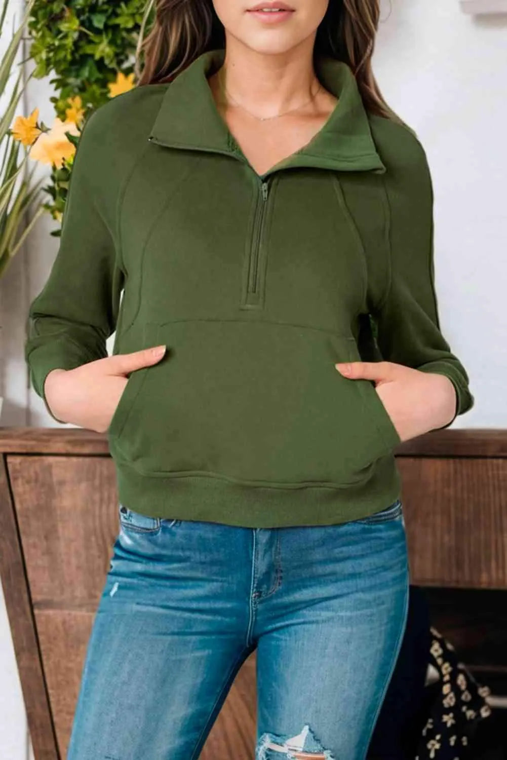 Zip-Up Collared Neck Raglan Sleeve Sweatshirt Moss Blouses - Tophatter Daily Deals
