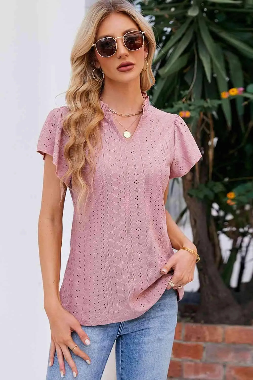 Notched Neck Puff Sleeve Blouse Dusty Pink Blouses - Tophatter Daily Deals