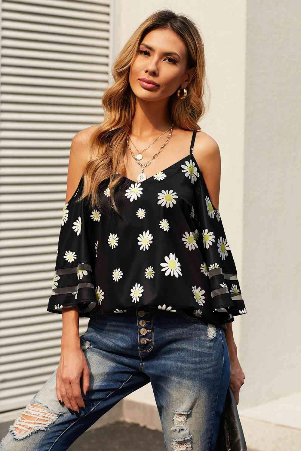 Printed Cold-Shoulder Three-Quarter Flare Sleeve Blouse Black Blouses - Tophatter Daily Deals