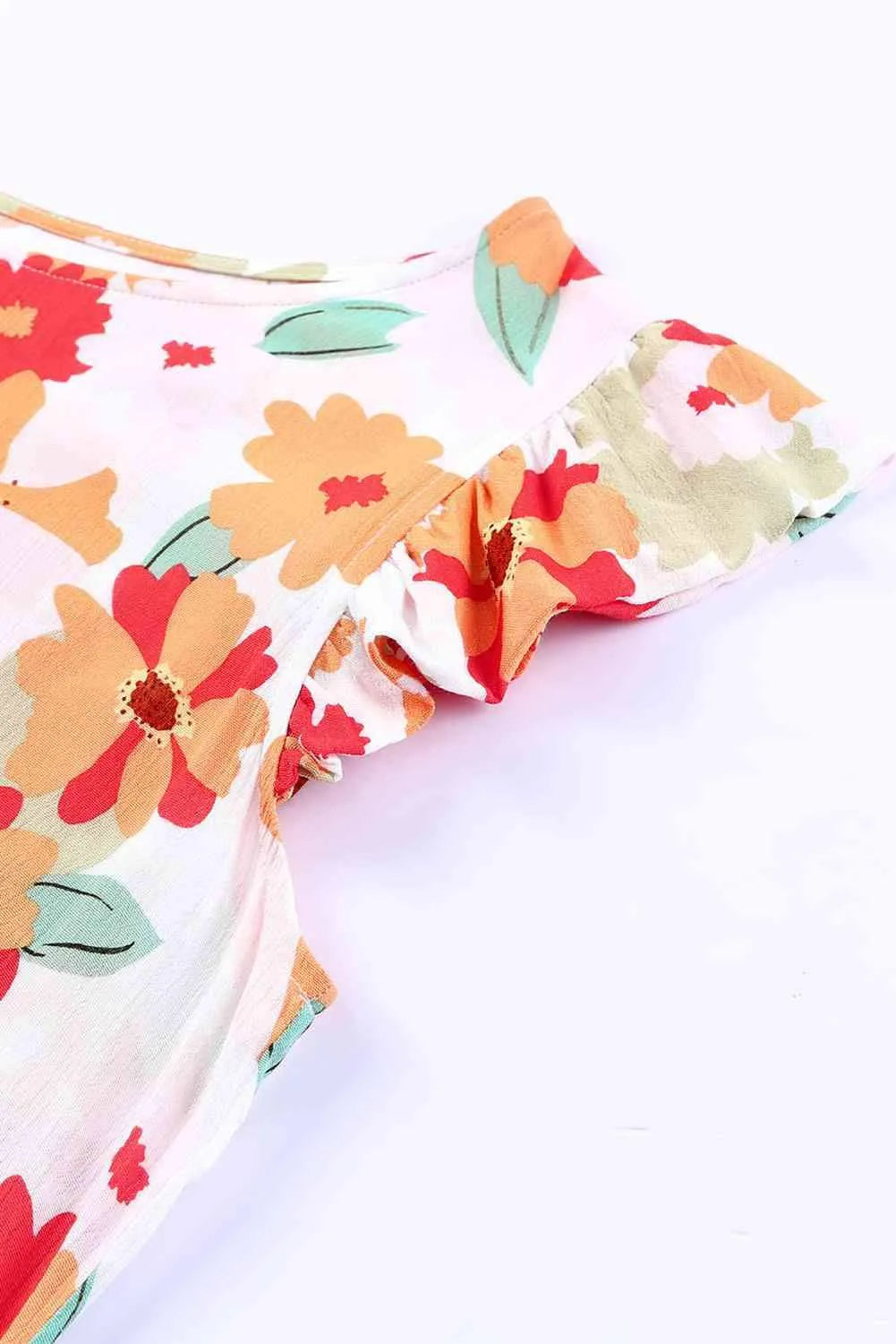 Floral Flutter Sleeve Round Neck Blouse Blouses - Tophatter Daily Deals