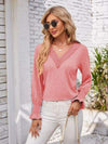 V-Neck Smocked Ruffled Long Sleeve Top Blush Pink Women's T-Shirts - Tophatter Daily Deals