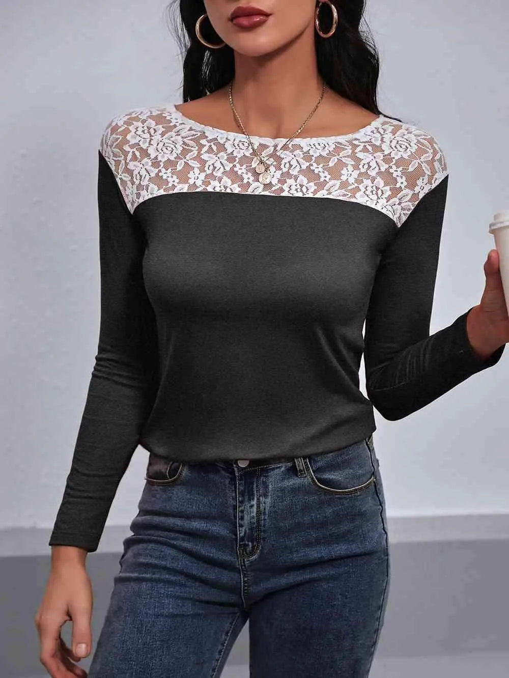 Lace Trim Long Sleeve Round Neck Tee Charcoal Women's T-Shirts - Tophatter Daily Deals