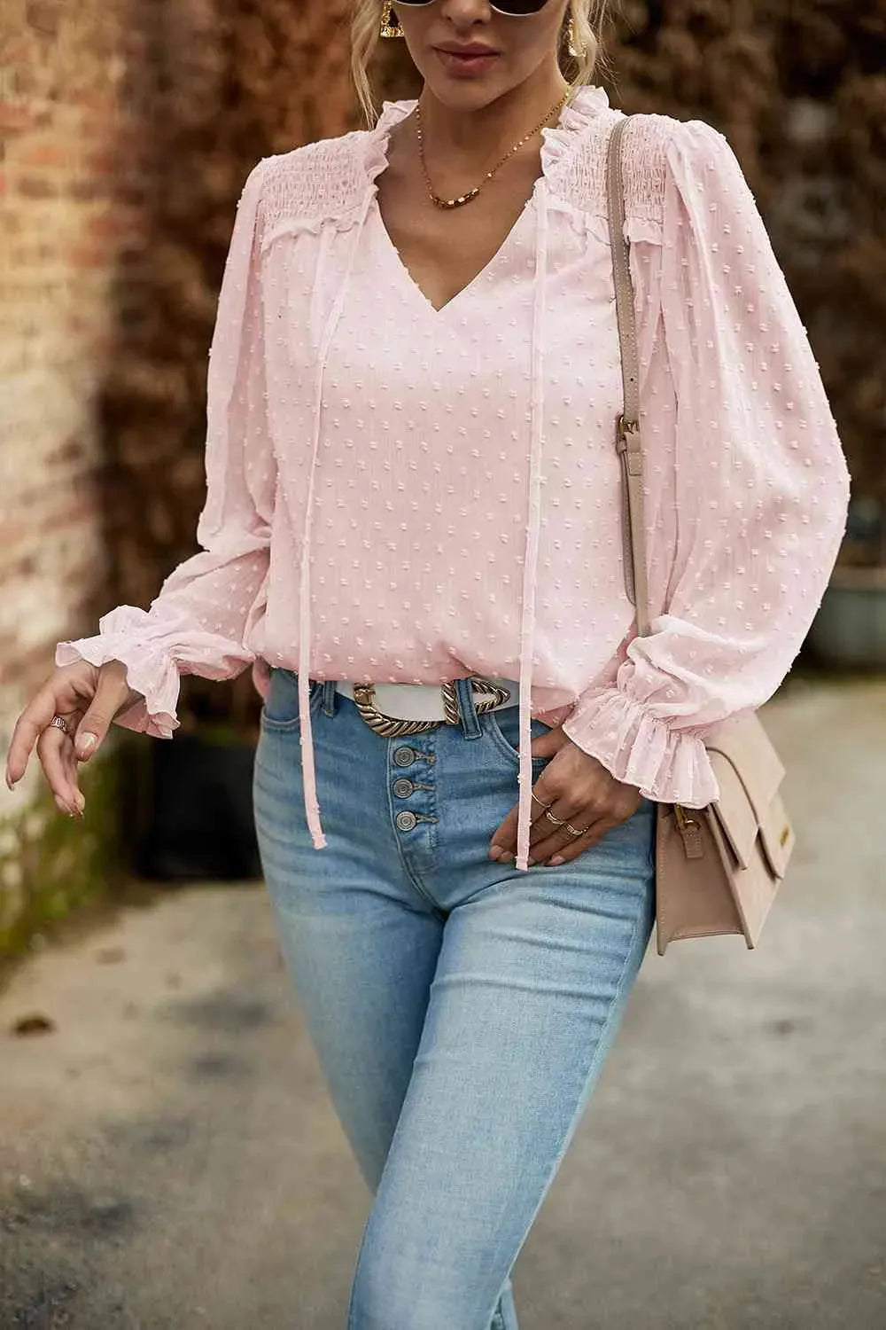 Swiss Dot Smocked Shoulder Blouse Blouses - Tophatter Daily Deals