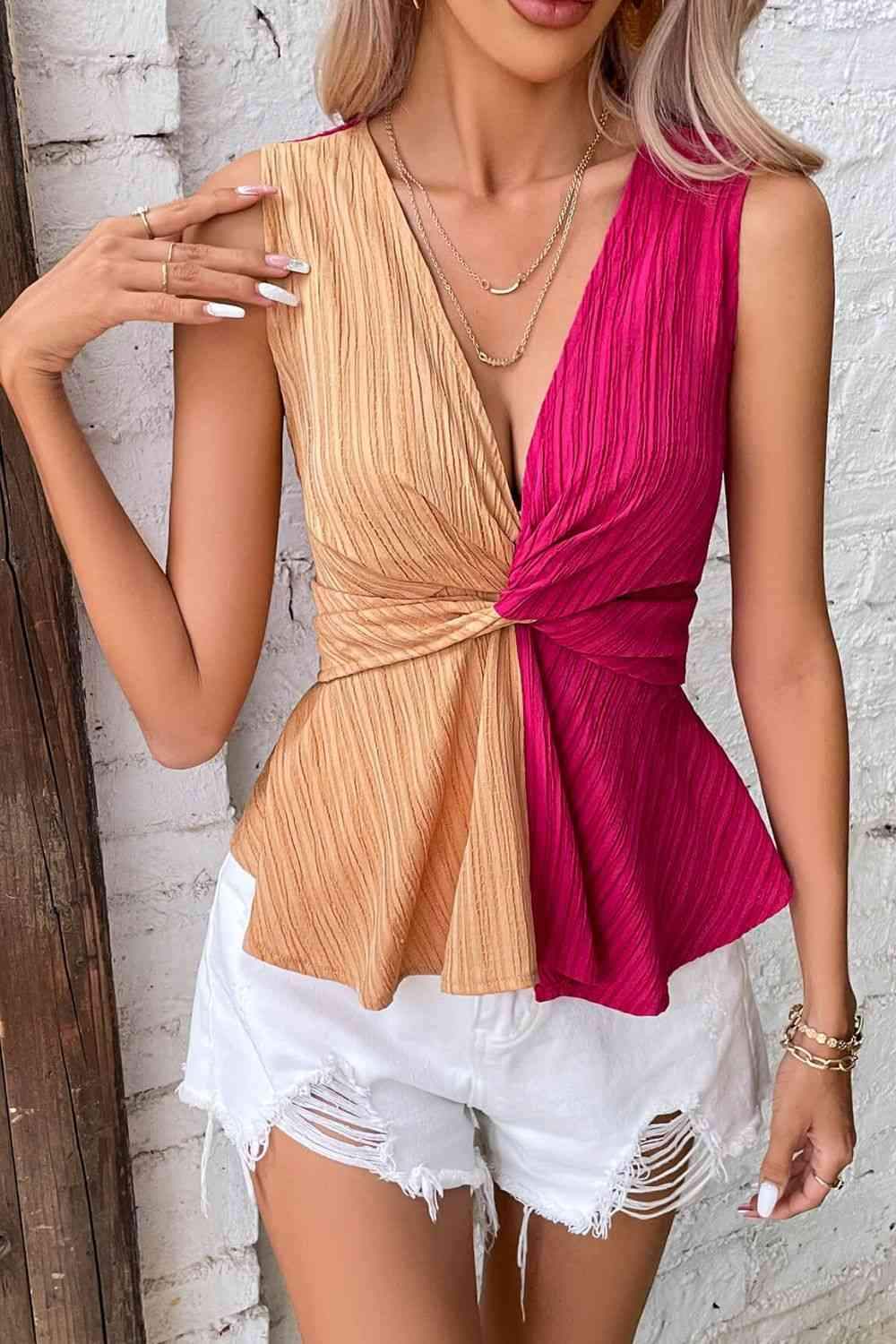 Two-Tone Twisted Plunge Peplum Sleeveless Top Deep Rose Light Apricot Blouses - Tophatter Daily Deals