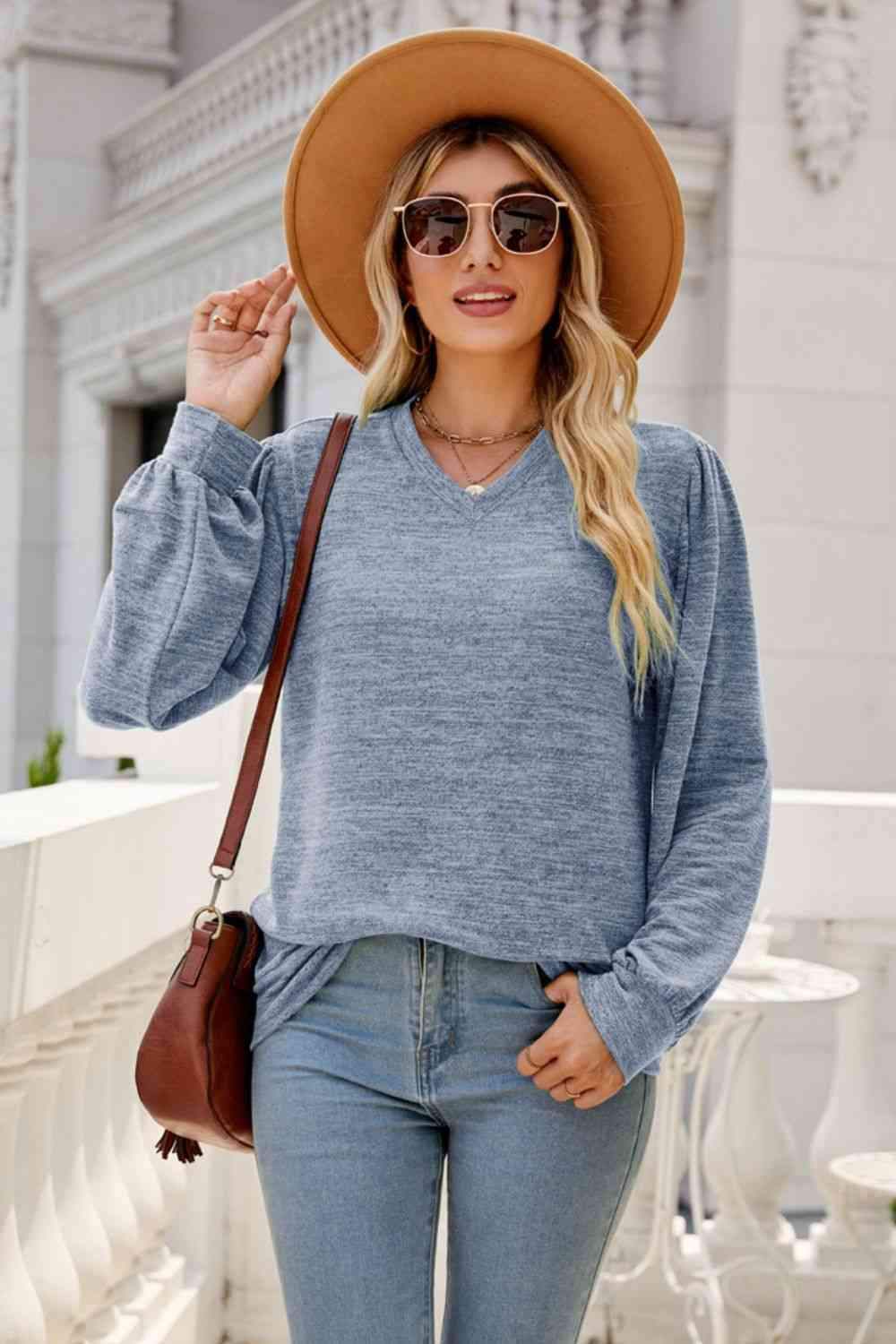 Long Puff Sleeve V-Neck Top Women's T-Shirts - Tophatter Daily Deals