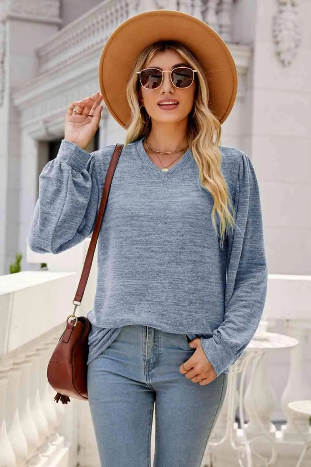 Long Puff Sleeve V-Neck Top Women's T-Shirts - Tophatter Daily Deals