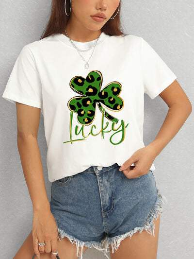 Lucky Clover Round Neck Short Sleeve T-Shirt Women's T-Shirts - Tophatter Daily Deals