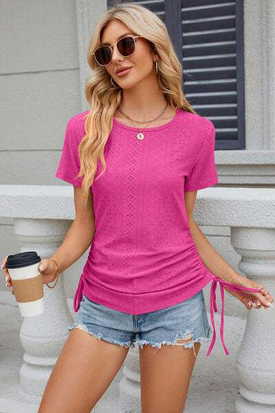 Eyelet Round Neck Short Sleeve T-Shirt Women's T-Shirts - Tophatter Daily Deals