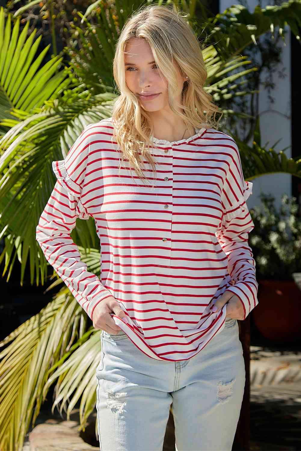 Striped Half Button Frill Trim Top Red Blouses - Tophatter Daily Deals