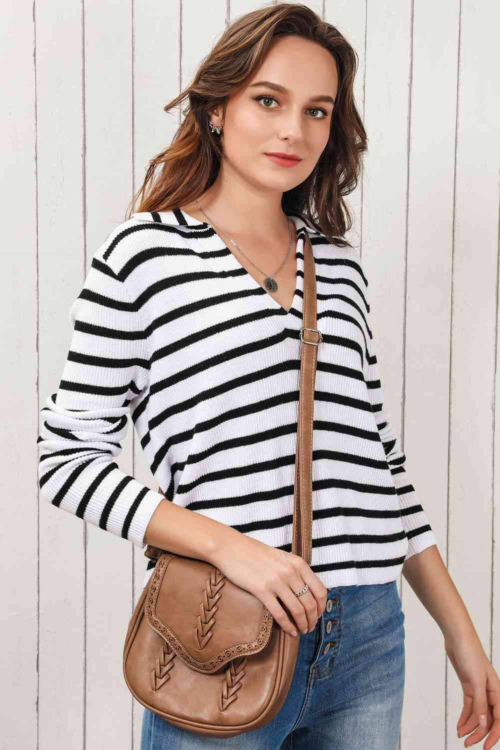 Double Take Striped Johnny Collar Long Sleeve Knit Top Blouses - Tophatter Daily Deals