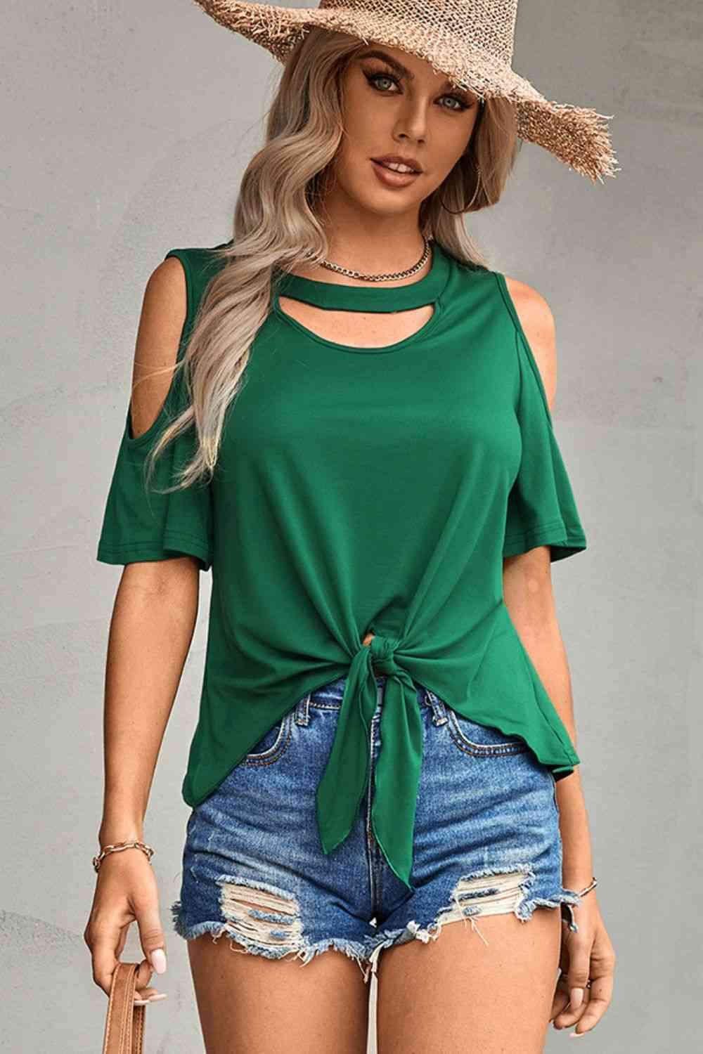 Tied Cutout Cold-Shoulder Top Green Blouses - Tophatter Daily Deals