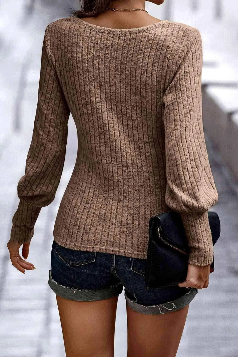 Ribbed Round Neck Lantern Sleeve Blouse Blouses - Tophatter Daily Deals