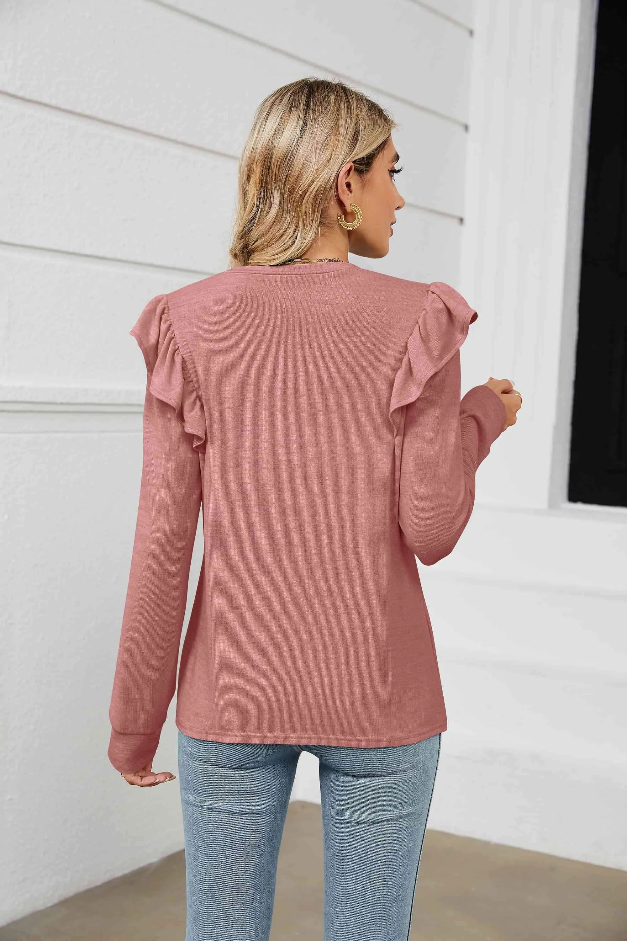 Ruffle Shoulder Long Sleeve T-Shirt Women's T-Shirts - Tophatter Daily Deals