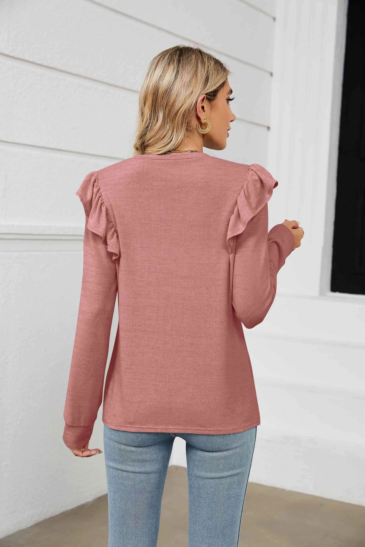Ruffle Shoulder Long Sleeve T-Shirt Women's T-Shirts - Tophatter Daily Deals