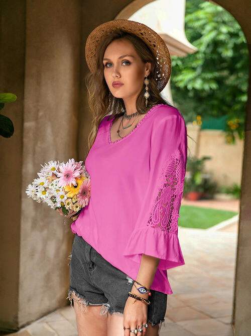 Plus Size Flower Crochet Flare Sleeve Top Blouses - Tophatter Daily Deals