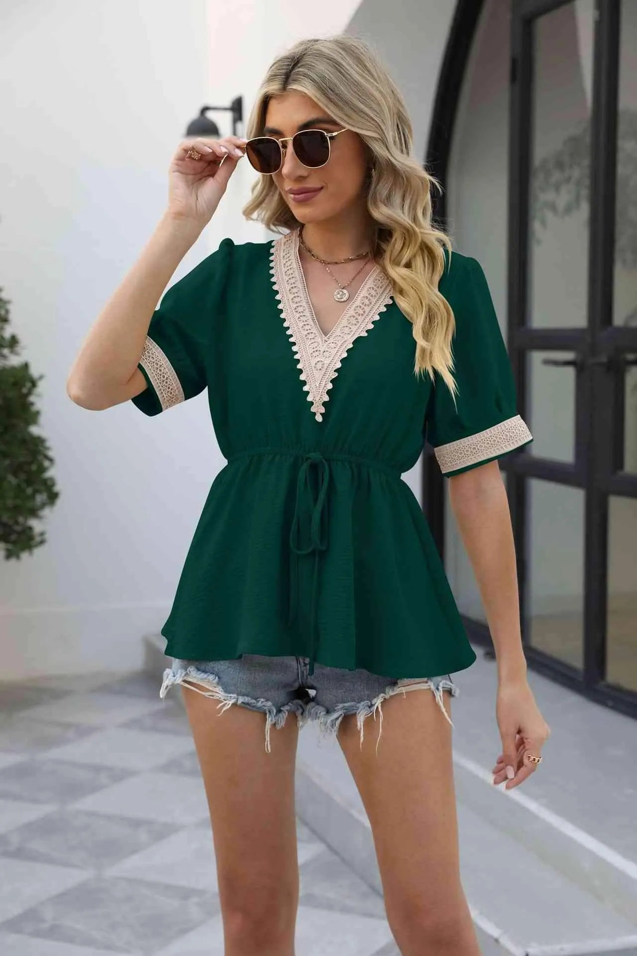 V-Neck Puff Sleeve Babydoll Top Blouses - Tophatter Daily Deals