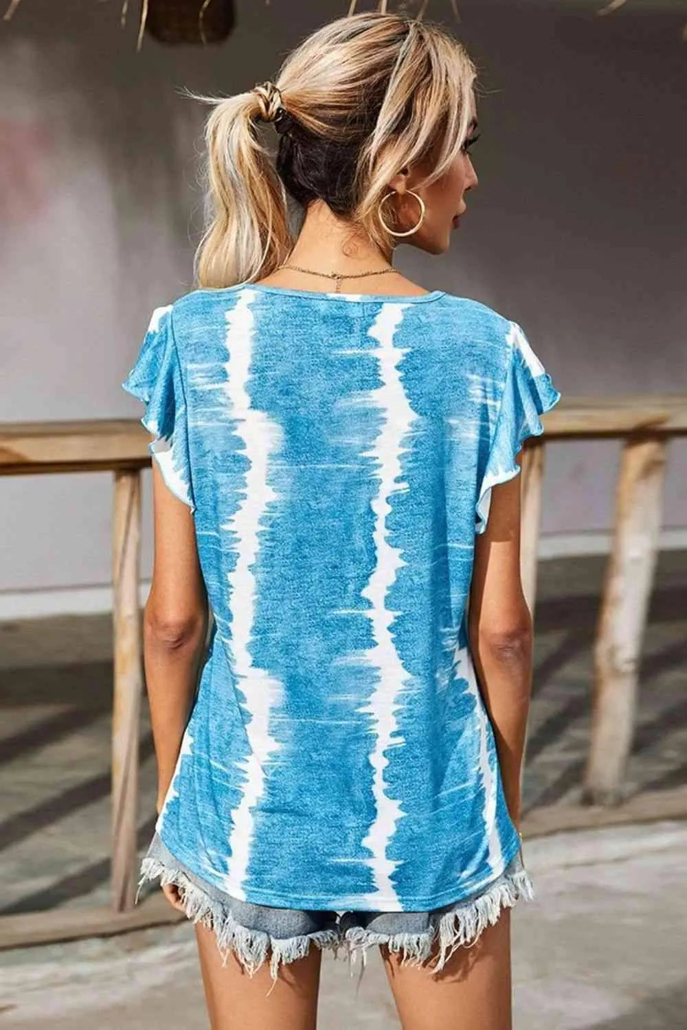 Tie-Dye Buttoned Flutter Sleeve Blouse Blouses - Tophatter Daily Deals