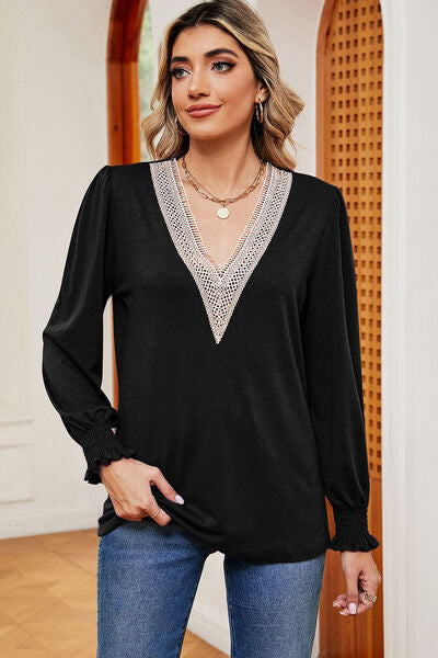 Lace Detail V-Neck Lantern Sleeve T-Shirt Women's T-Shirts - Tophatter Daily Deals