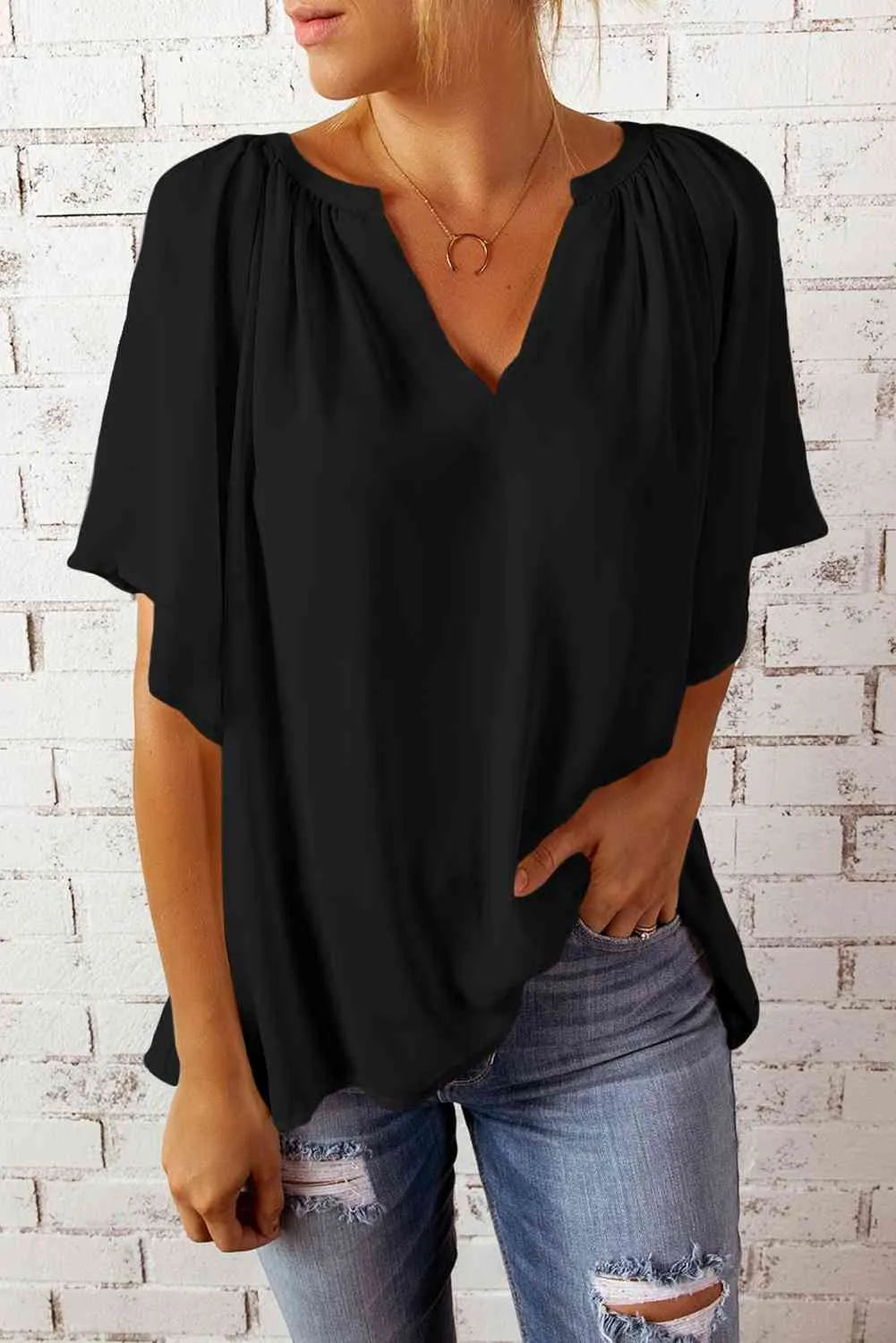 Gathered Detail Notched Neck Flutter Sleeve Top Black Blouses - Tophatter Daily Deals