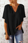 Gathered Detail Notched Neck Flutter Sleeve Top Black Blouses - Tophatter Daily Deals