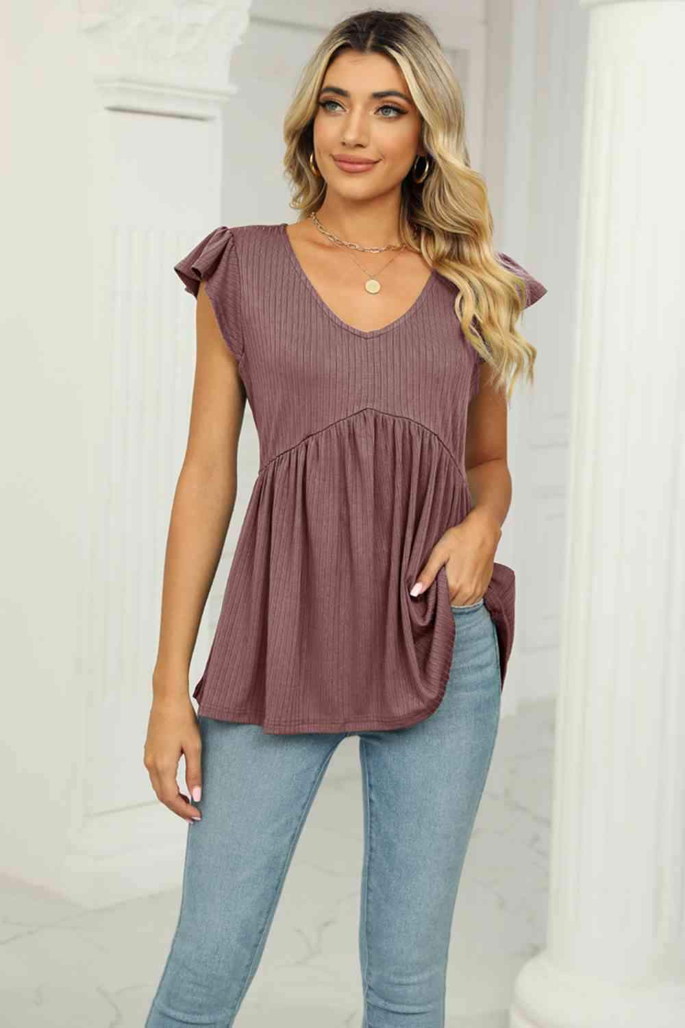 V-Neck Flutter Sleeve Babydoll Blouse Mocha Blouses - Tophatter Daily Deals