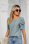 Eyelet Puff Sleeve Round Neck Blouse Blouses - Tophatter Daily Deals