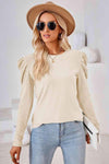 Round Neck Puff Sleeve Blouse Sand Blouses - Tophatter Daily Deals