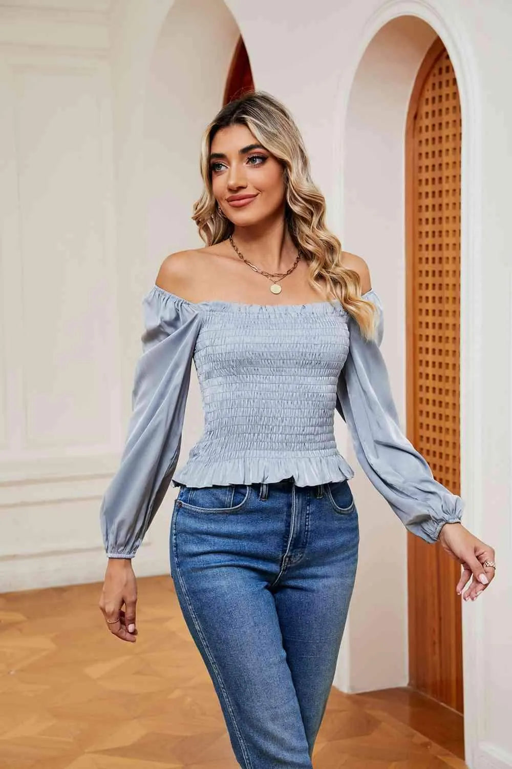 Smocked Off-Shoulder Ruffle Hem Blouse Blouses - Tophatter Daily Deals