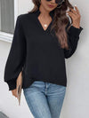 Smocked Notched Long Sleeve Blouse Blouses - Tophatter Daily Deals