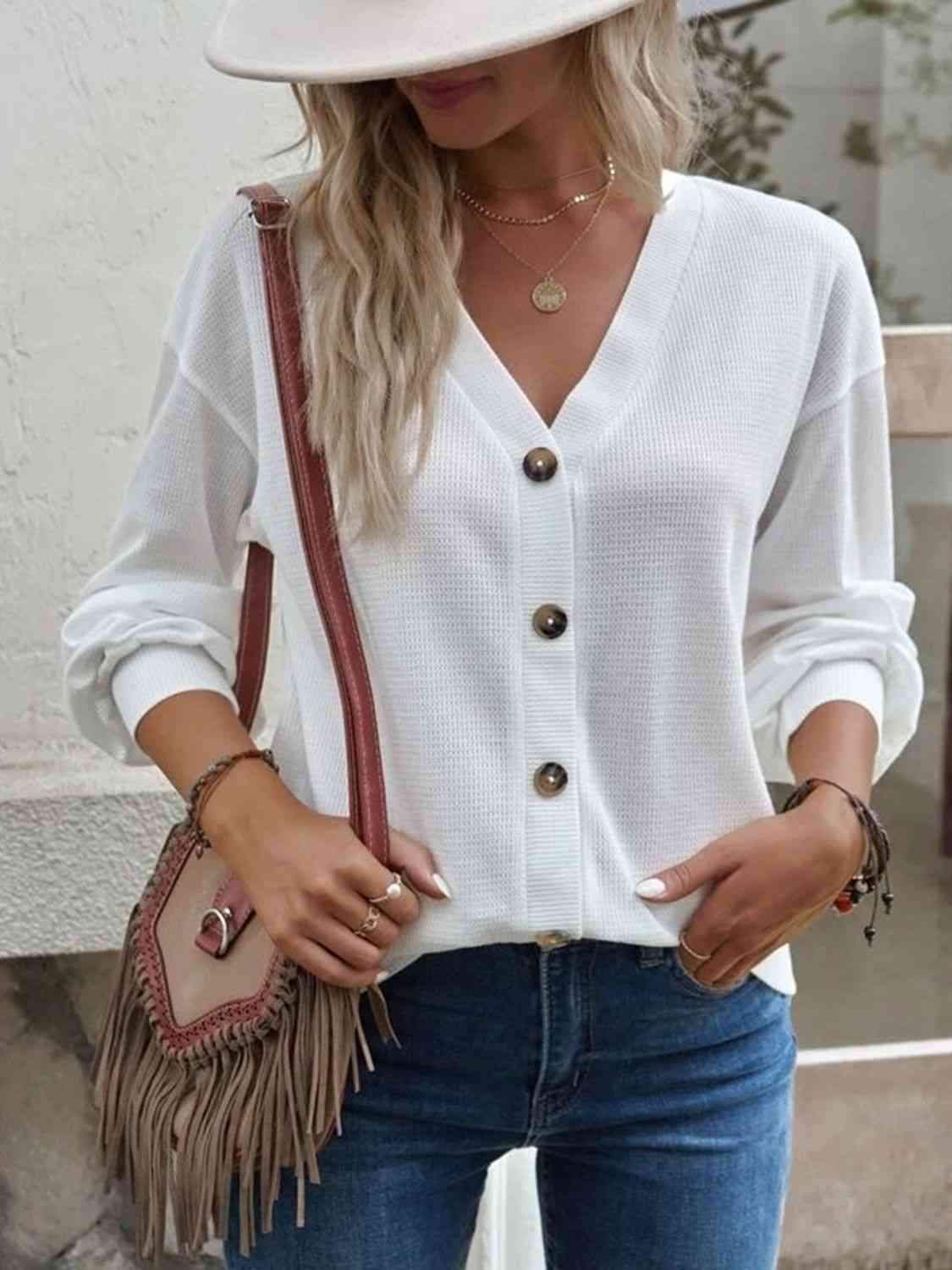 V-Neck Dropped Shoulder Blouse Blouses - Tophatter Daily Deals