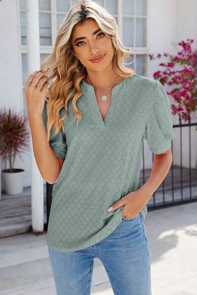 Eyelet Notched Puff Sleeve T-Shirt Women's T-Shirts - Tophatter Daily Deals