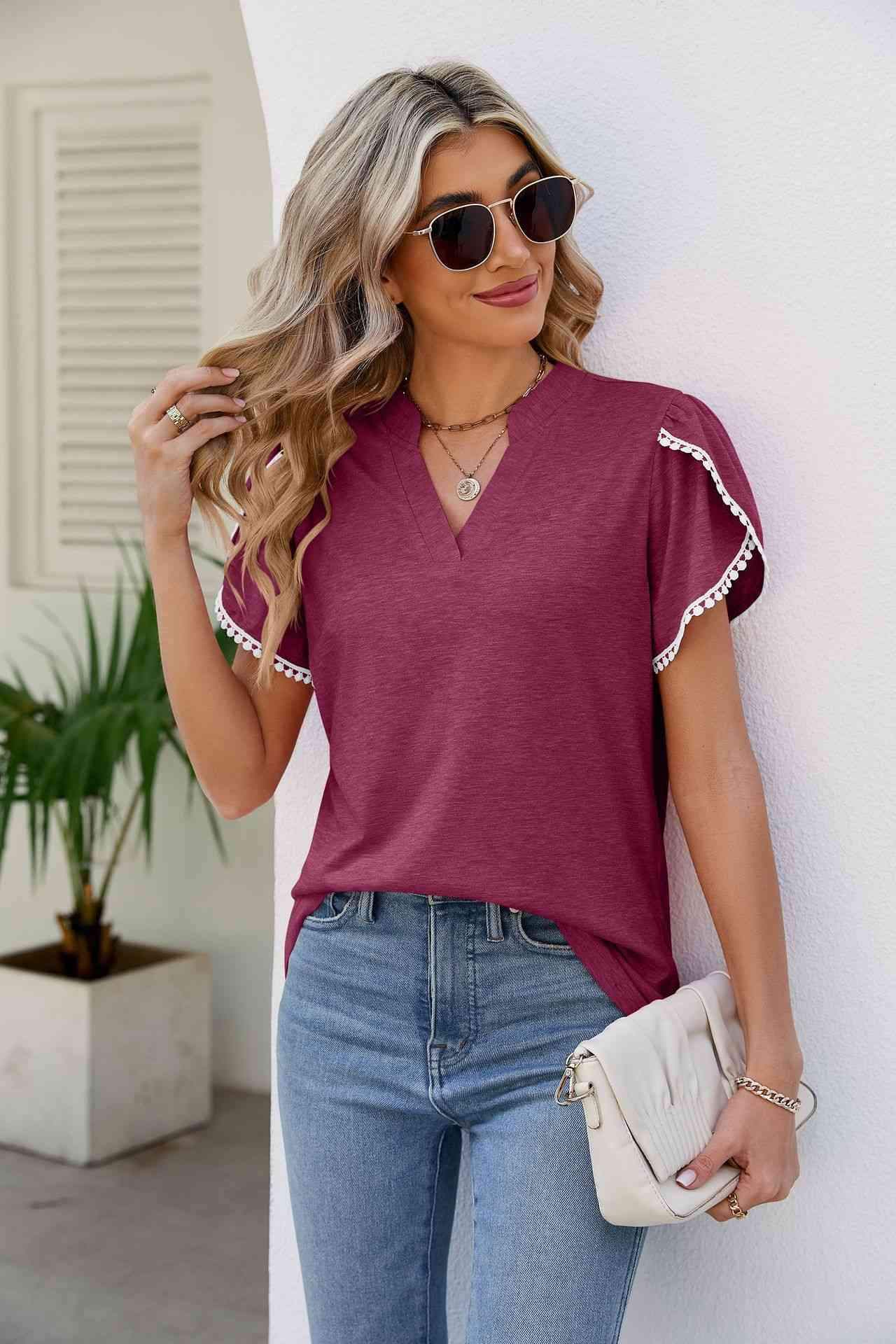 Pom-Pom Trim Petal Sleeve Notched Neck Top Fuchsia Blouses - Tophatter Daily Deals