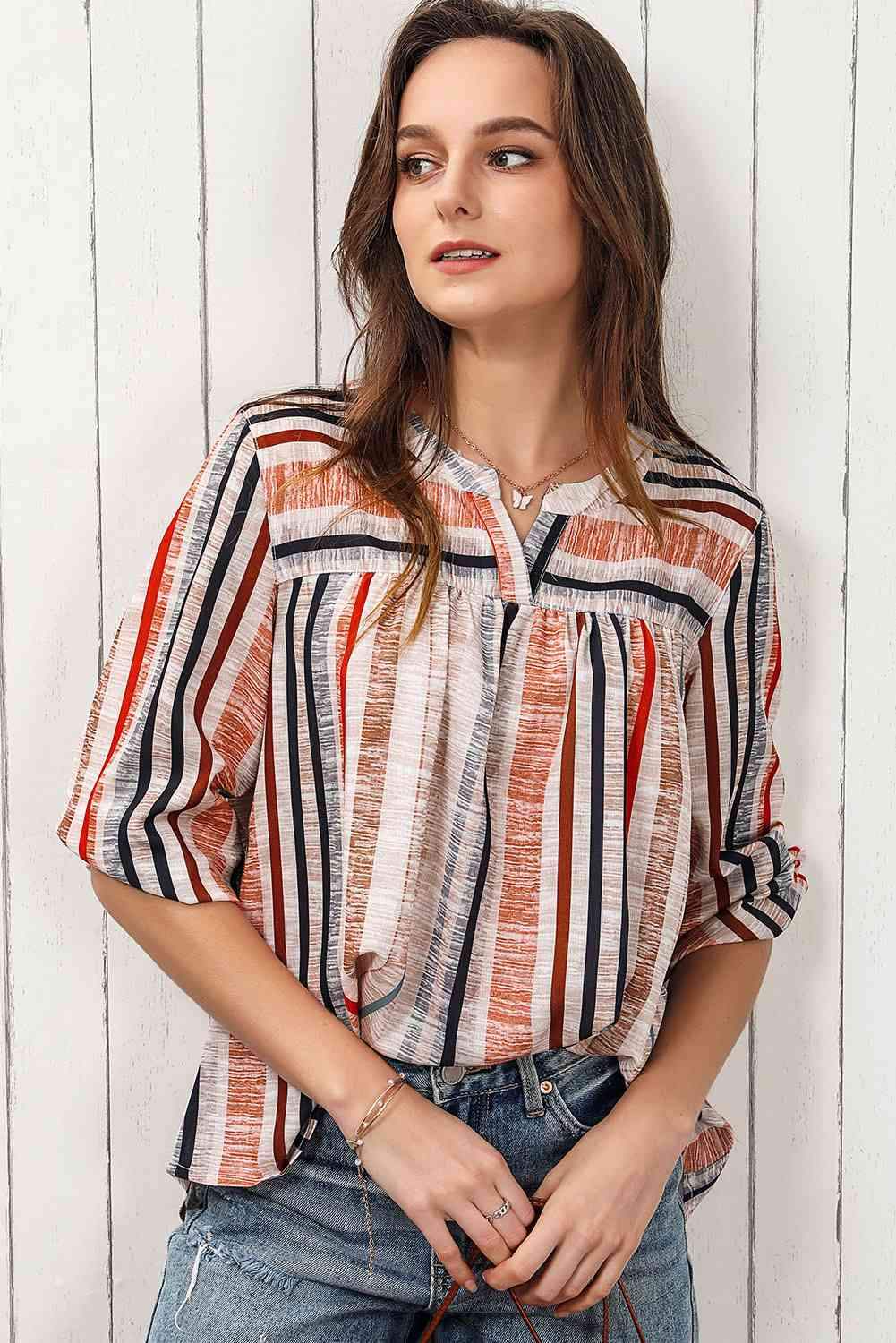 Multicolored Stripe Notched Neck Top Blouses - Tophatter Daily Deals