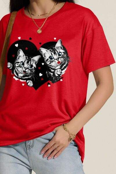 Cat Round Neck Dropped Shoulder T-Shirt Women's T-Shirts - Tophatter Daily Deals