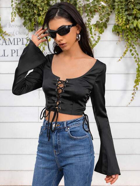 Flare Sleeve Lace Up Crop Top Blouses - Tophatter Daily Deals