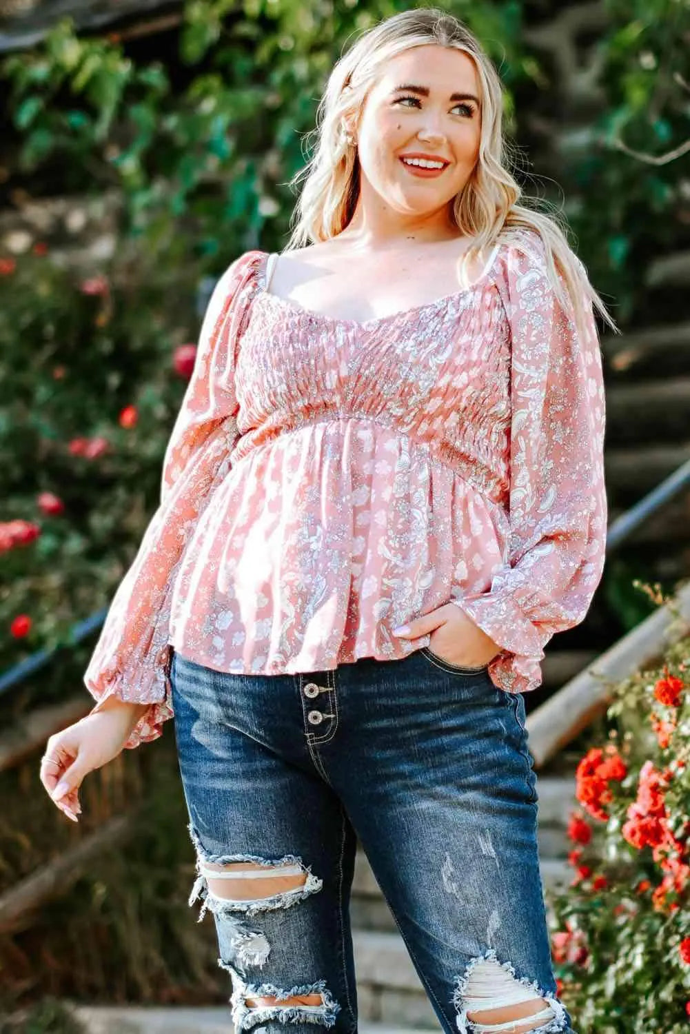 Plus Size Floral Smocked Flounce Sleeve Blouse Blouses - Tophatter Daily Deals