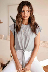 Tied Round Neck Crop Tee Heather Gray Women's T-Shirts - Tophatter Daily Deals