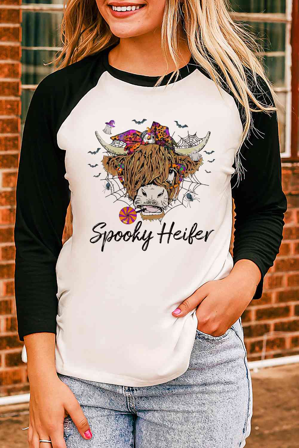 Round Neck Raglan Sleeve Halloween Theme T-Shirt - Tophatter Deals