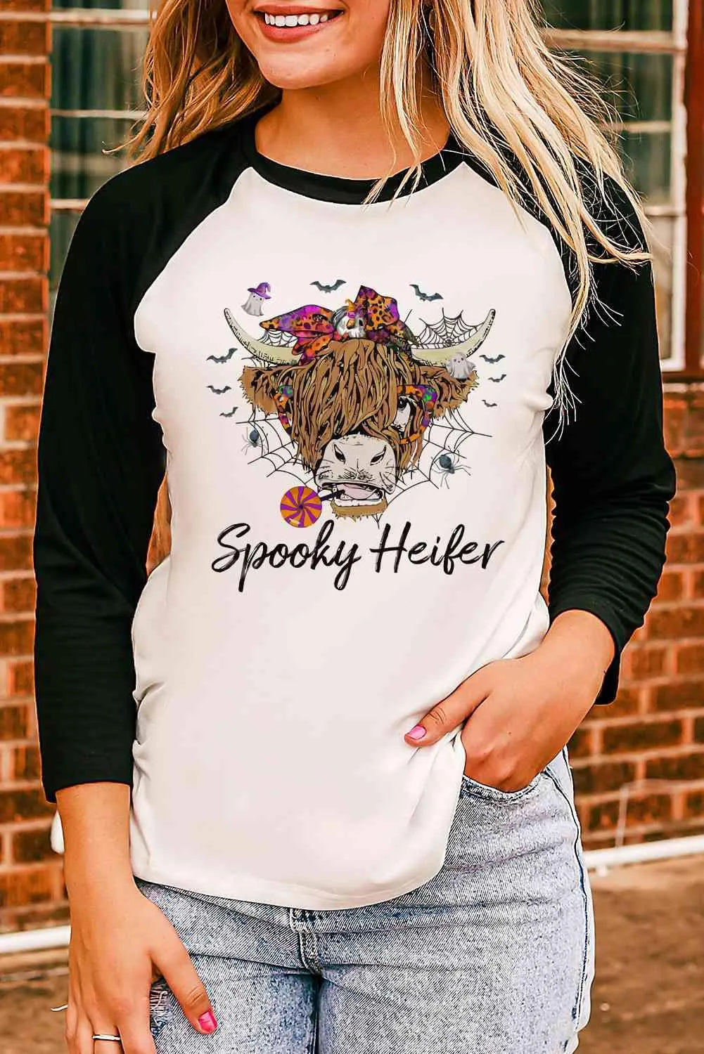 Round Neck Raglan Sleeve Halloween Theme T-Shirt - Tophatter Daily Deals