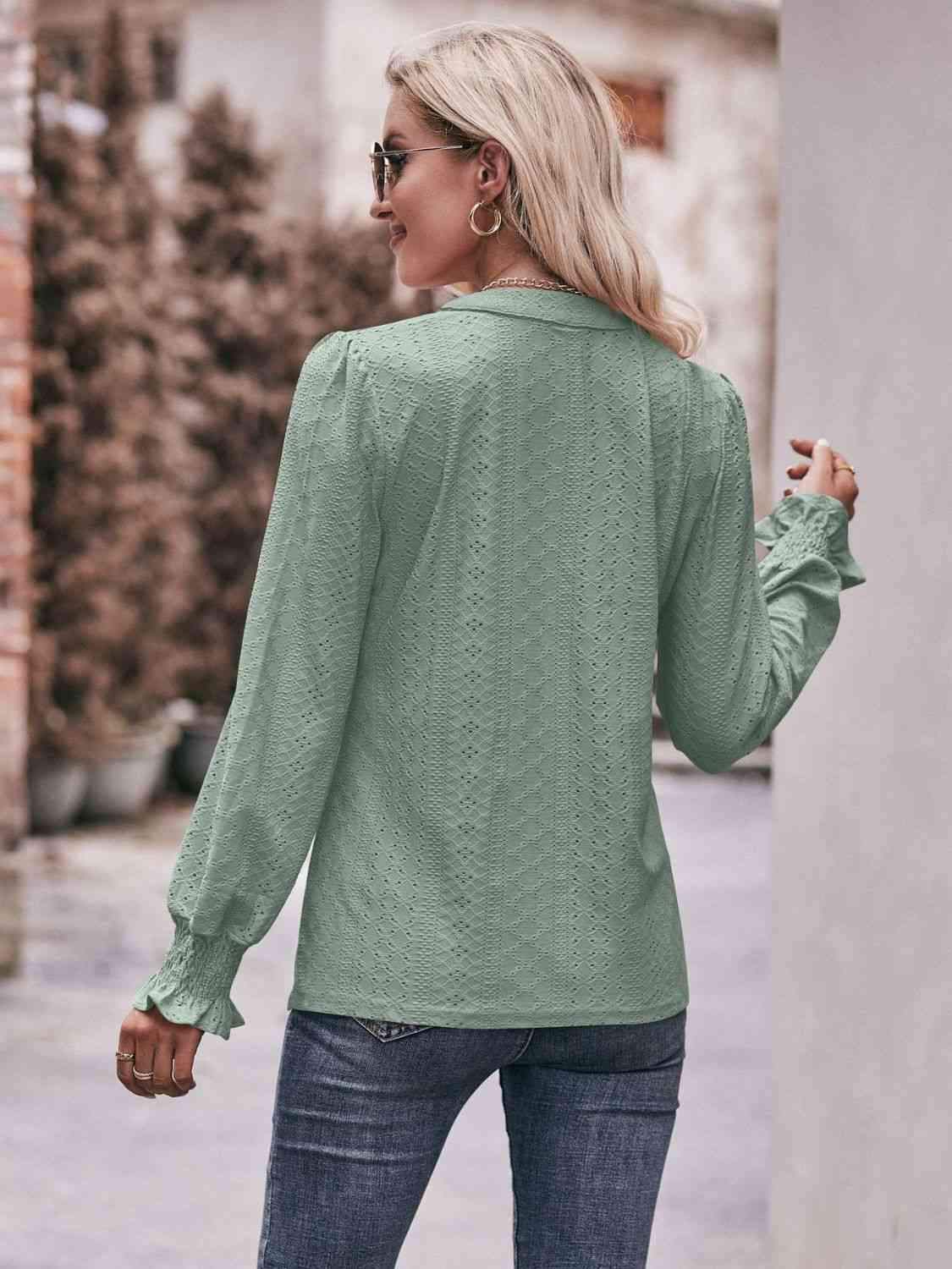 Double Take Eyelet Notched Neck Flounce Sleeve Blouse Blouses - Tophatter Daily Deals