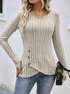 Buttoned Tulip Hem Long Sleeve T-Shirt Beige Women's T-Shirts - Tophatter Daily Deals