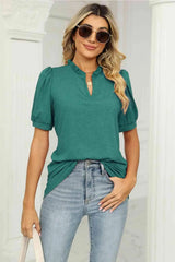 Notched Neck Puff Sleeve T-Shirt Women's T-Shirts - Tophatter Daily Deals