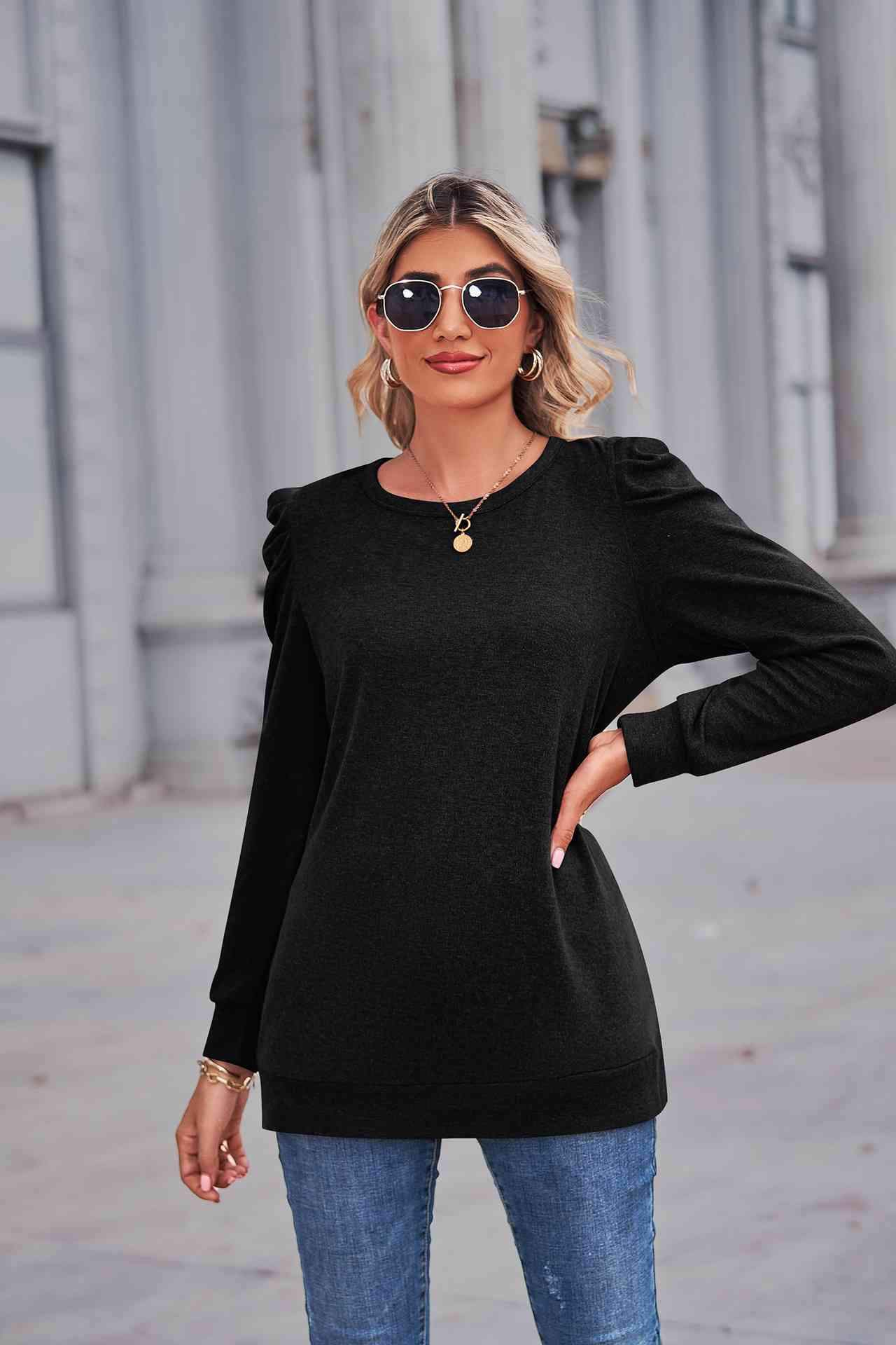 Heathered Puff Sleeve Round Neck Tunic Top Women's T-Shirts - Tophatter Daily Deals